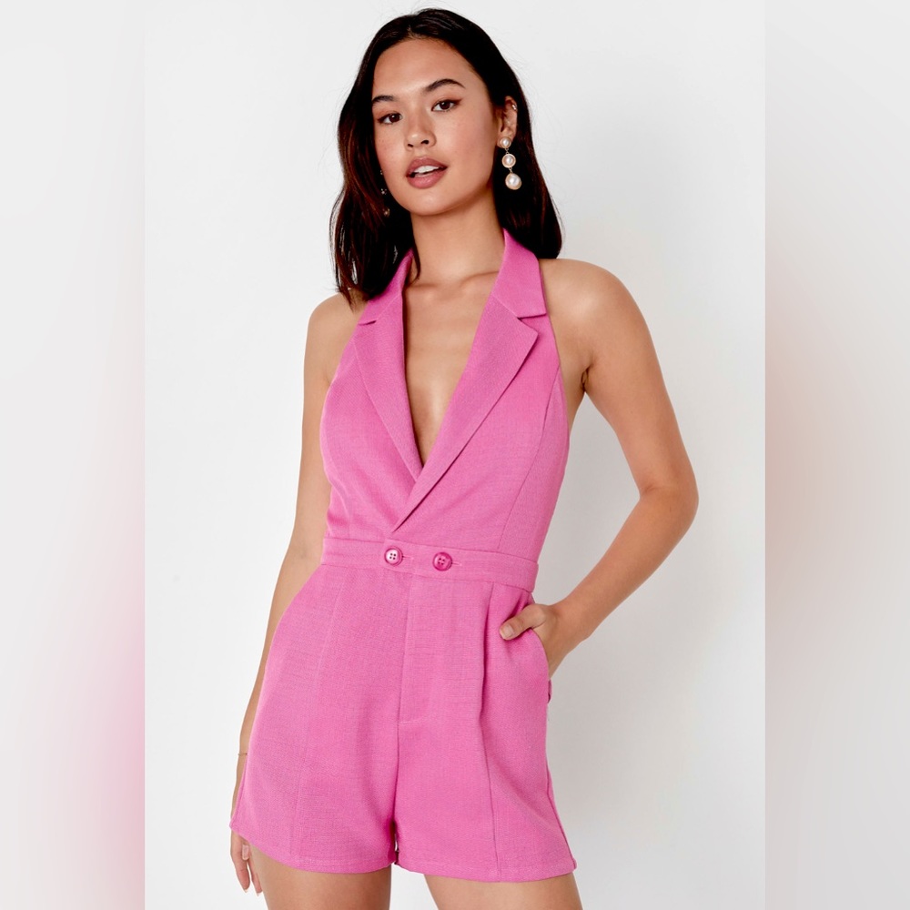 LULUS Boardroom Cutie Pink Tweed Collared Backless Romper Size XL